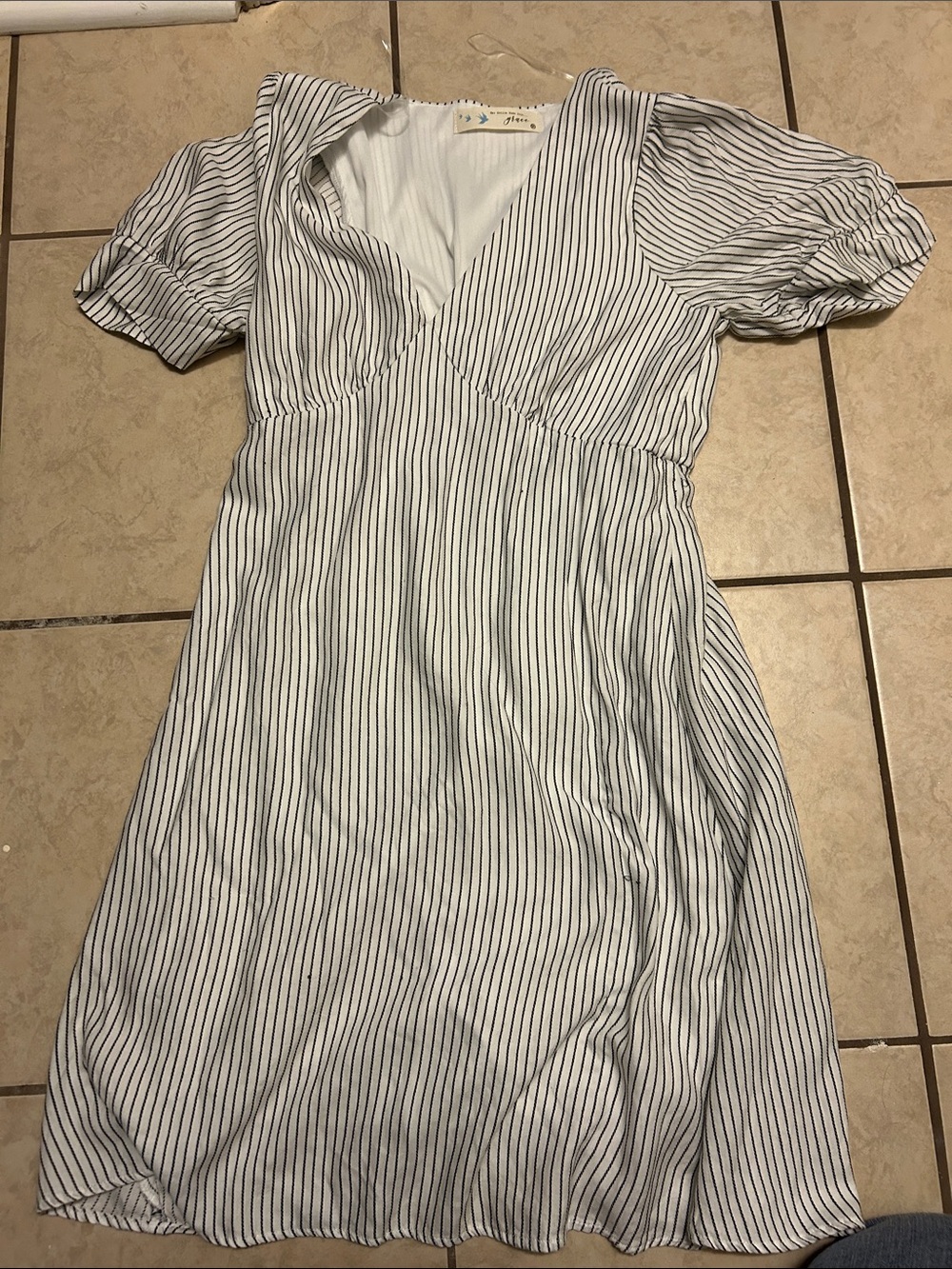 Source Unknown White Dress with Navy Pinstripes